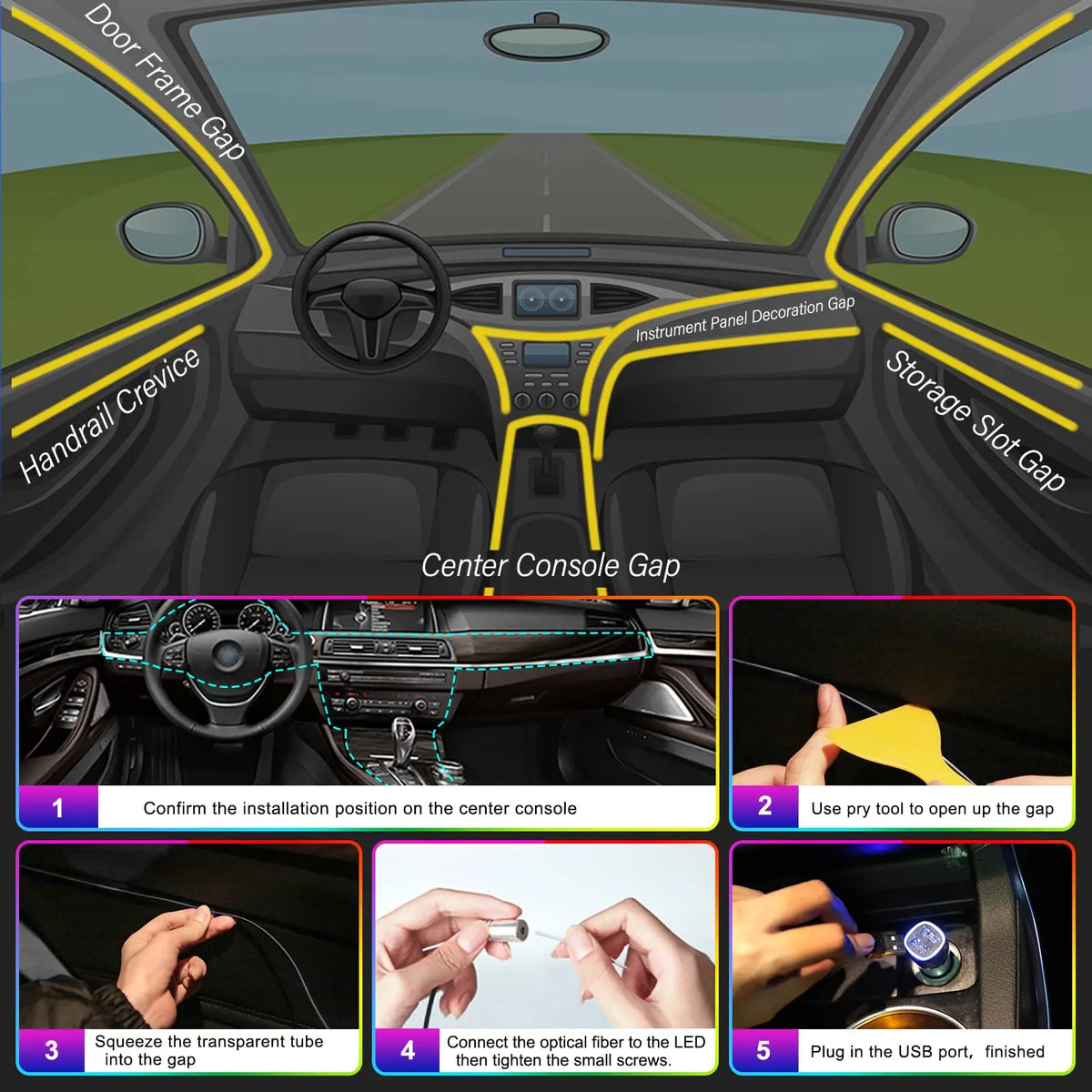 Illuminate Your Ride: LED Car Ambient Strip Light Fiber Kit with App Remote Control
