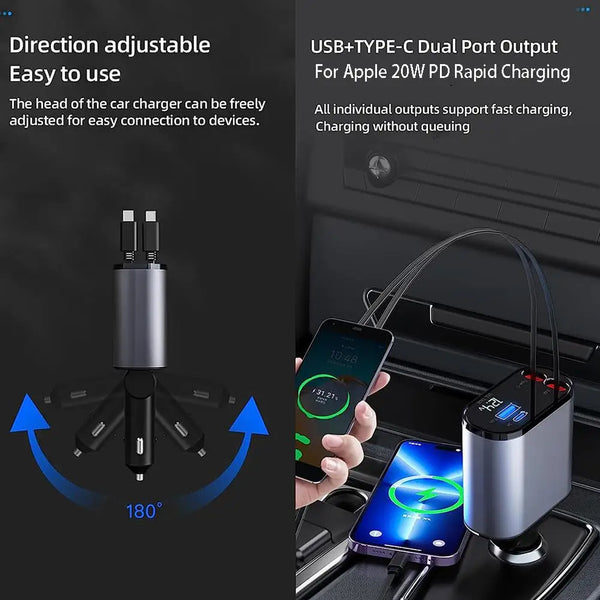 Power Up On the Go: 4-in-1 Retractable Car Charger for Apple & USB Type-C