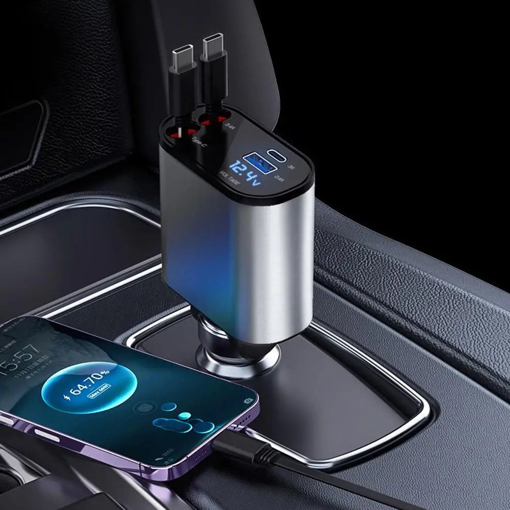 Power Up On the Go: 4-in-1 Retractable Car Charger for Apple & USB Type-C