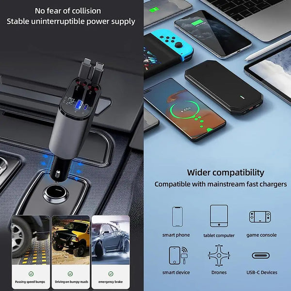 Power Up On the Go: 4-in-1 Retractable Car Charger for Apple & USB Type-C