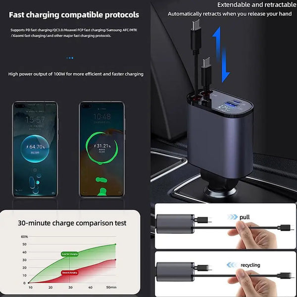 Power Up On the Go: 4-in-1 Retractable Car Charger for Apple & USB Type-C