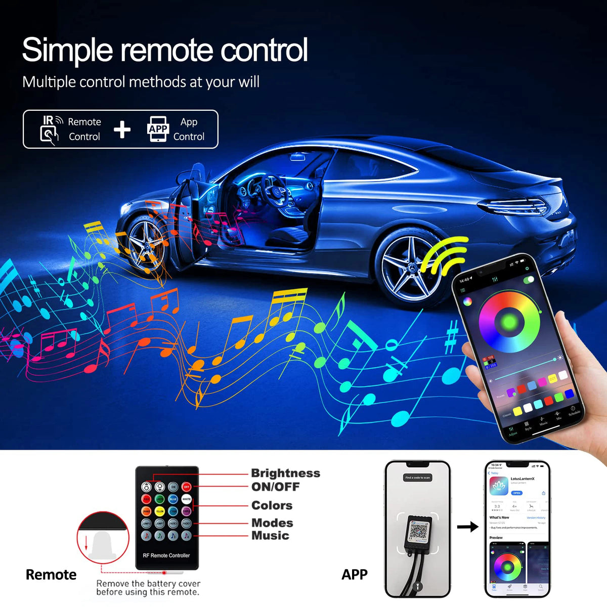 Illuminate Your Ride: LED Car Ambient Strip Light Fiber Kit with App Remote Control